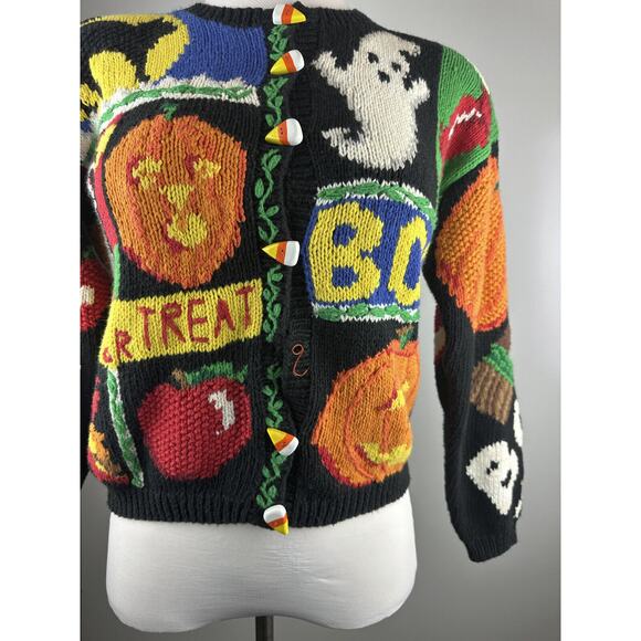 *Flawed The Eagles Eye Halloween Cardigan Sweater Hand Knit Candy Corn Buttons S - Picture 7 of 15
